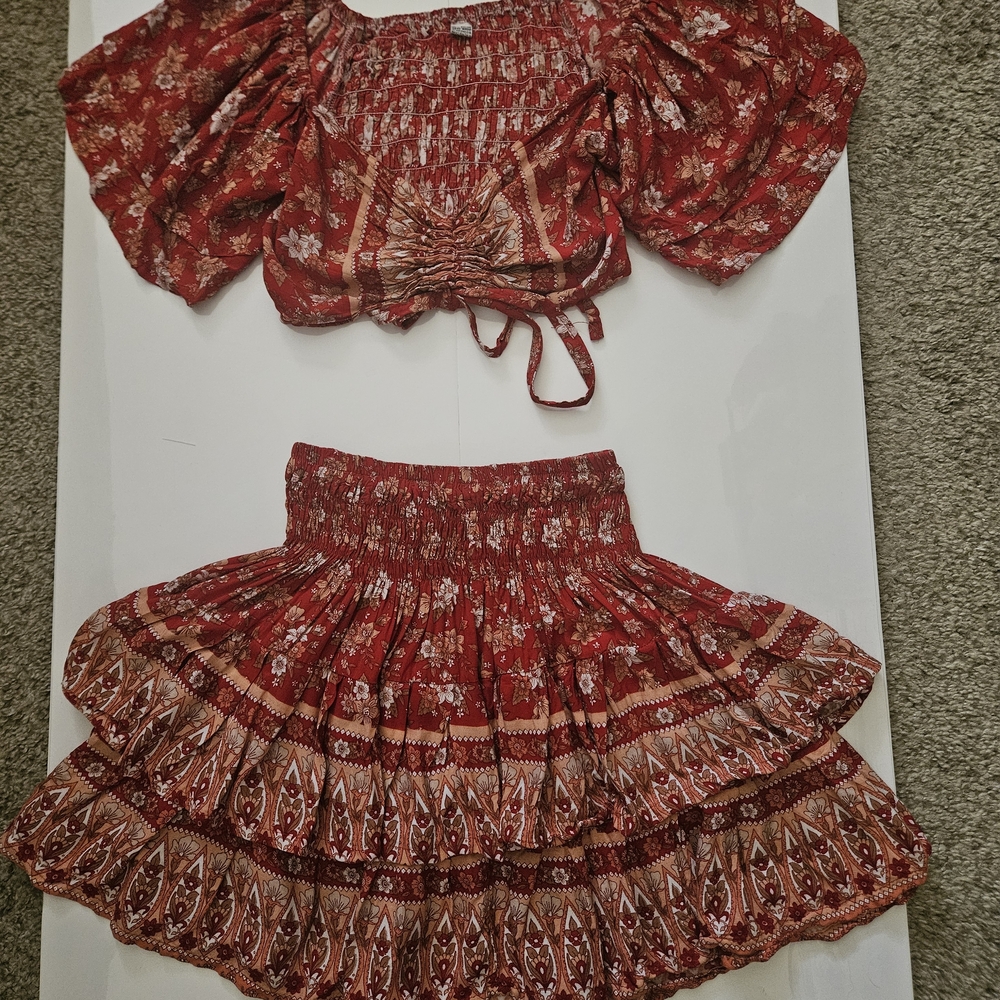 Balinese Red Boho Smocked Tiered Mini Skirt - Women's